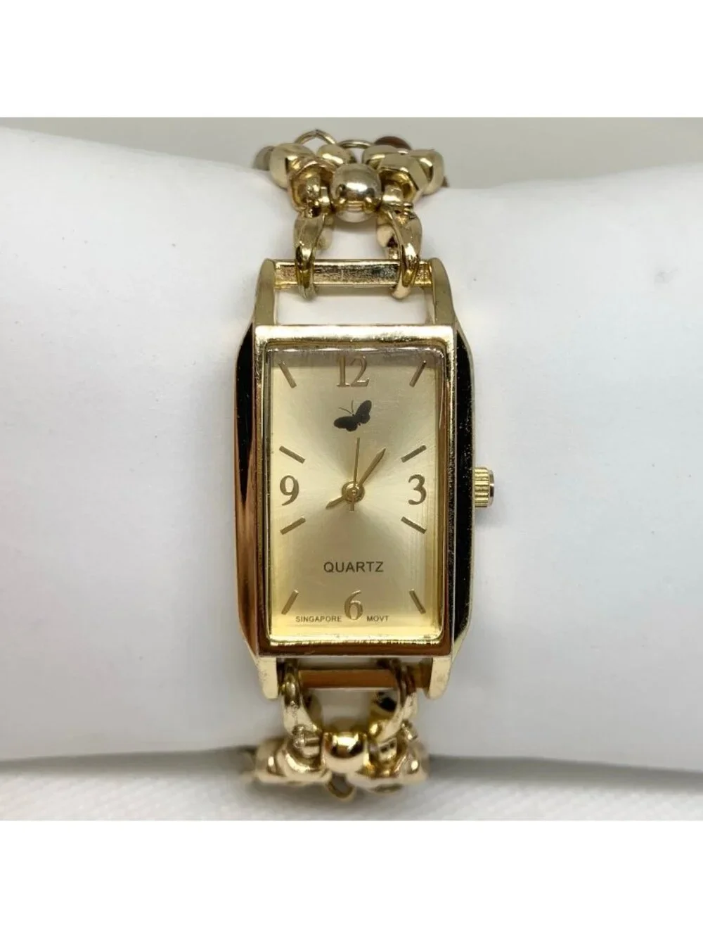 Women’s butterfly gold tone watch 22mm quartz analog beaded bracelet 7” running